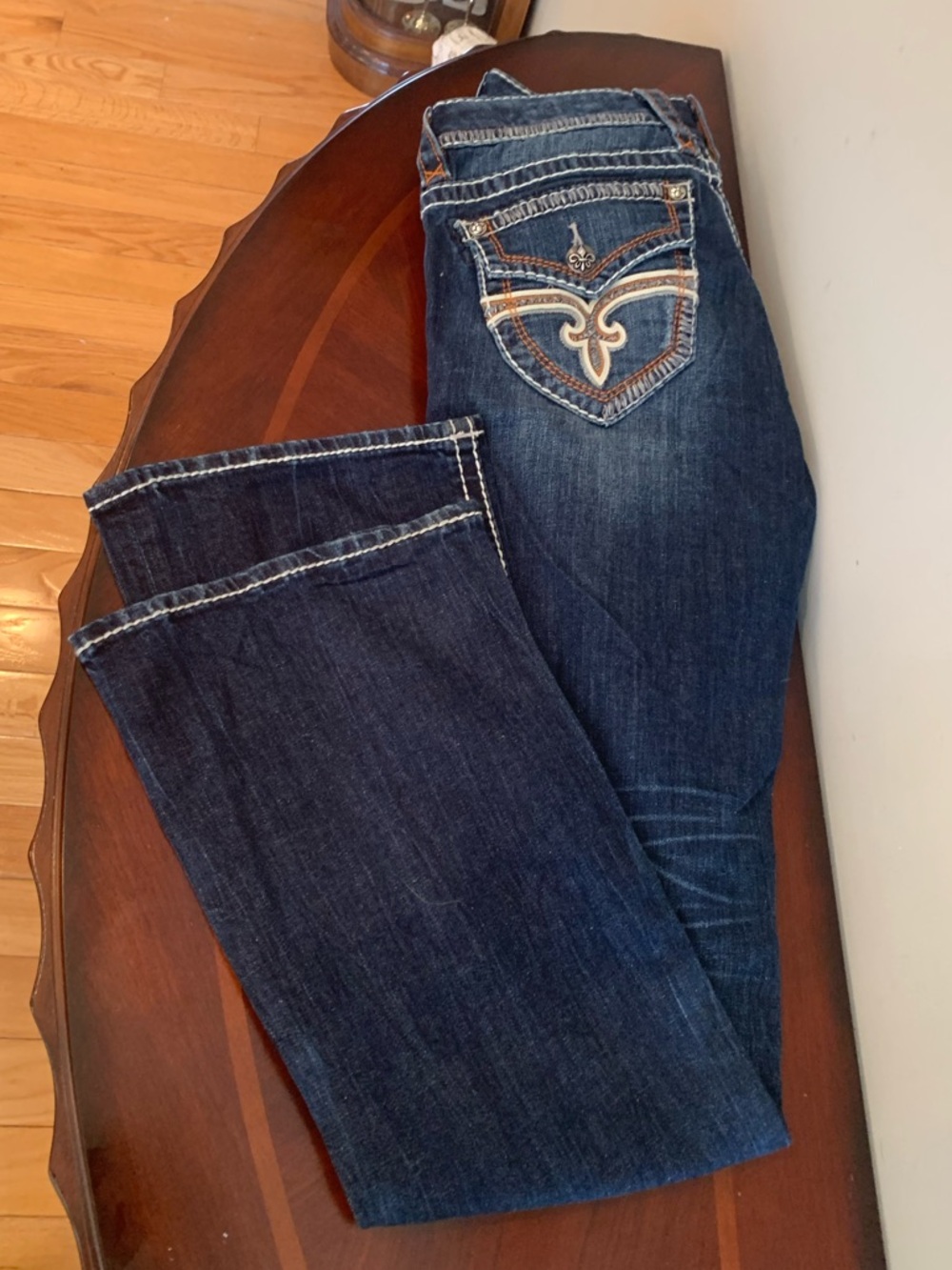 Rock Revival Y2K Dark Blue Bootcut Jeans with Embroidered Back Pockets